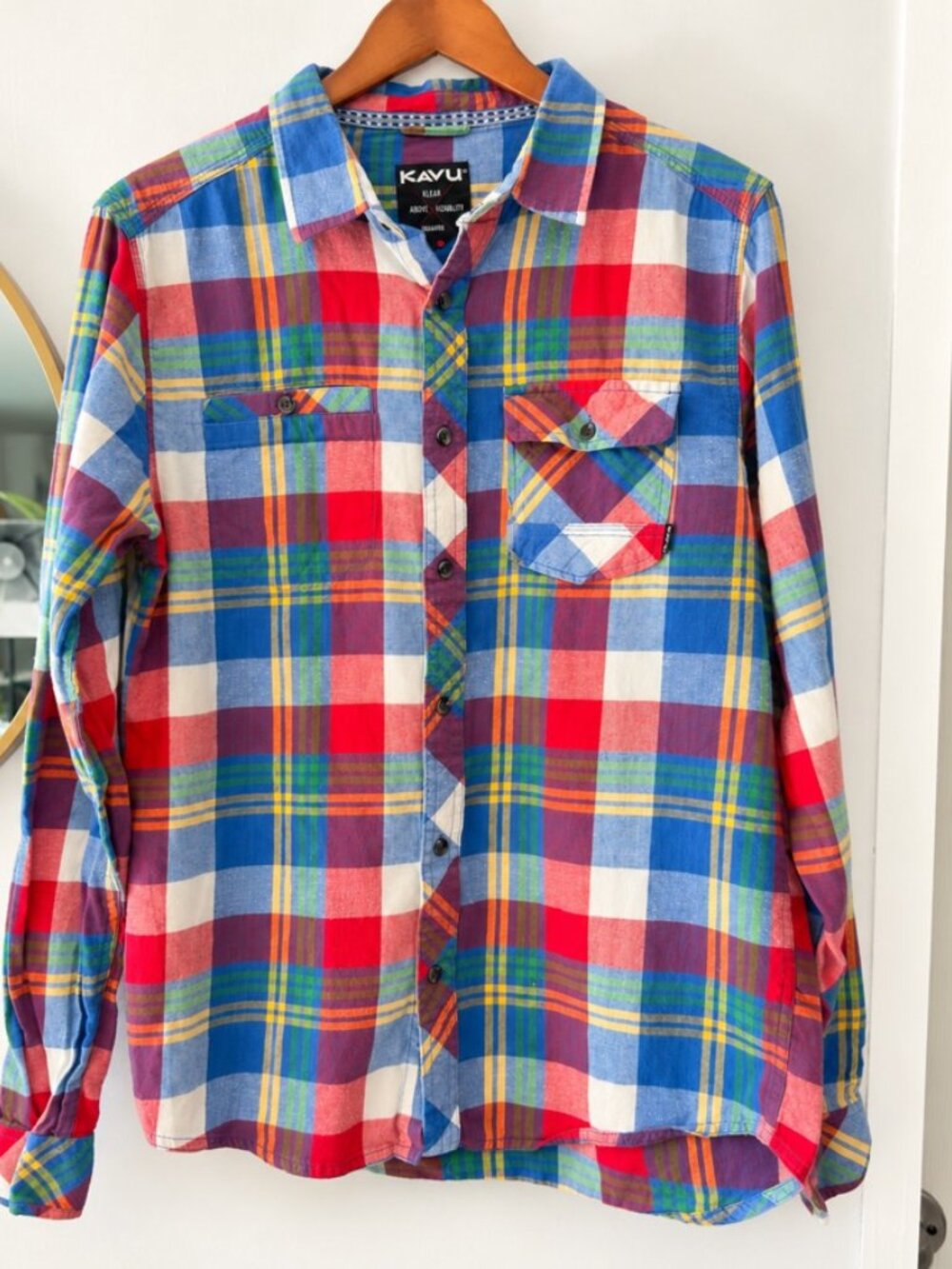 KAVU Men’s M Madras Plaid Patchwork Flannel Button Up Shirt Hiking Outdoor